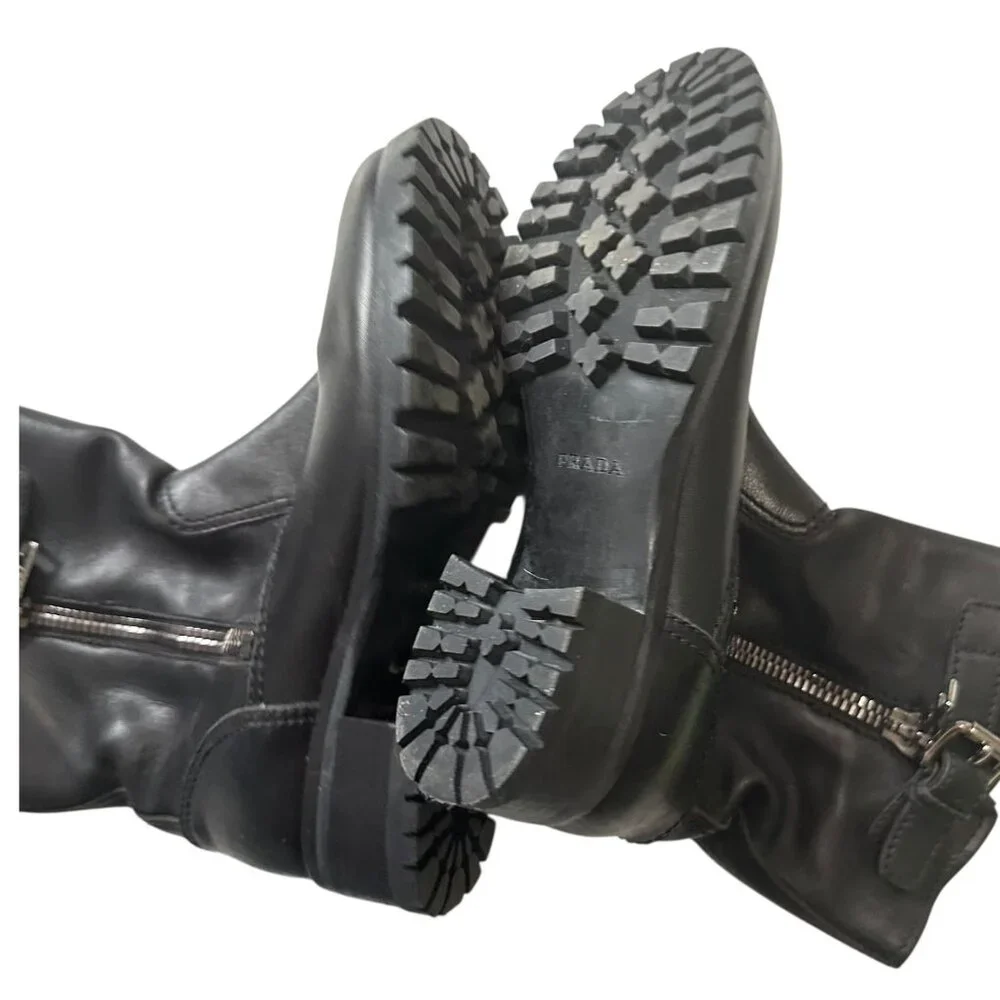 Prada Biker Boots Black Leather Lug Sole Ankle Boots EU 38.5